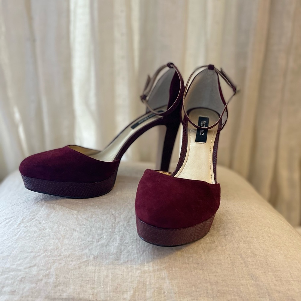 Platform suede heels, ankle strap and snakeskin embossed heel. Like new